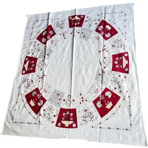 Red & white cotton tablecloth Pennsylvania Dutch motif mid century minor FLAWS